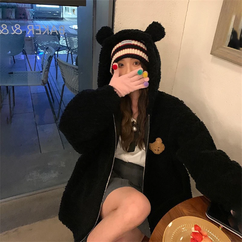 Korean Version Autumn Winter New Bear Ear Hoodie Imitation Lamb Wool Hoodie Women\'s Loose And Slim Cute Plush Coat Jacket