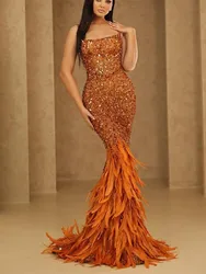 Sparkly Mermaid Evening Dresses Sleeveless Bateau Straps Sequins Beaded Appliques 3D Lace Feather Train Prom Dresses Custom Made