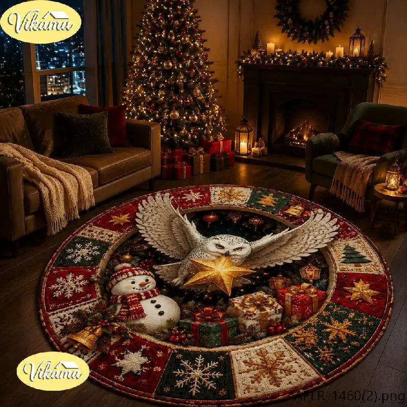 VIKAMA Christmas Round Rug White Owl Snowman Gifts Star Area Rug Living Room Holiday Home Decor Aesthetic Art Large Premium Cute