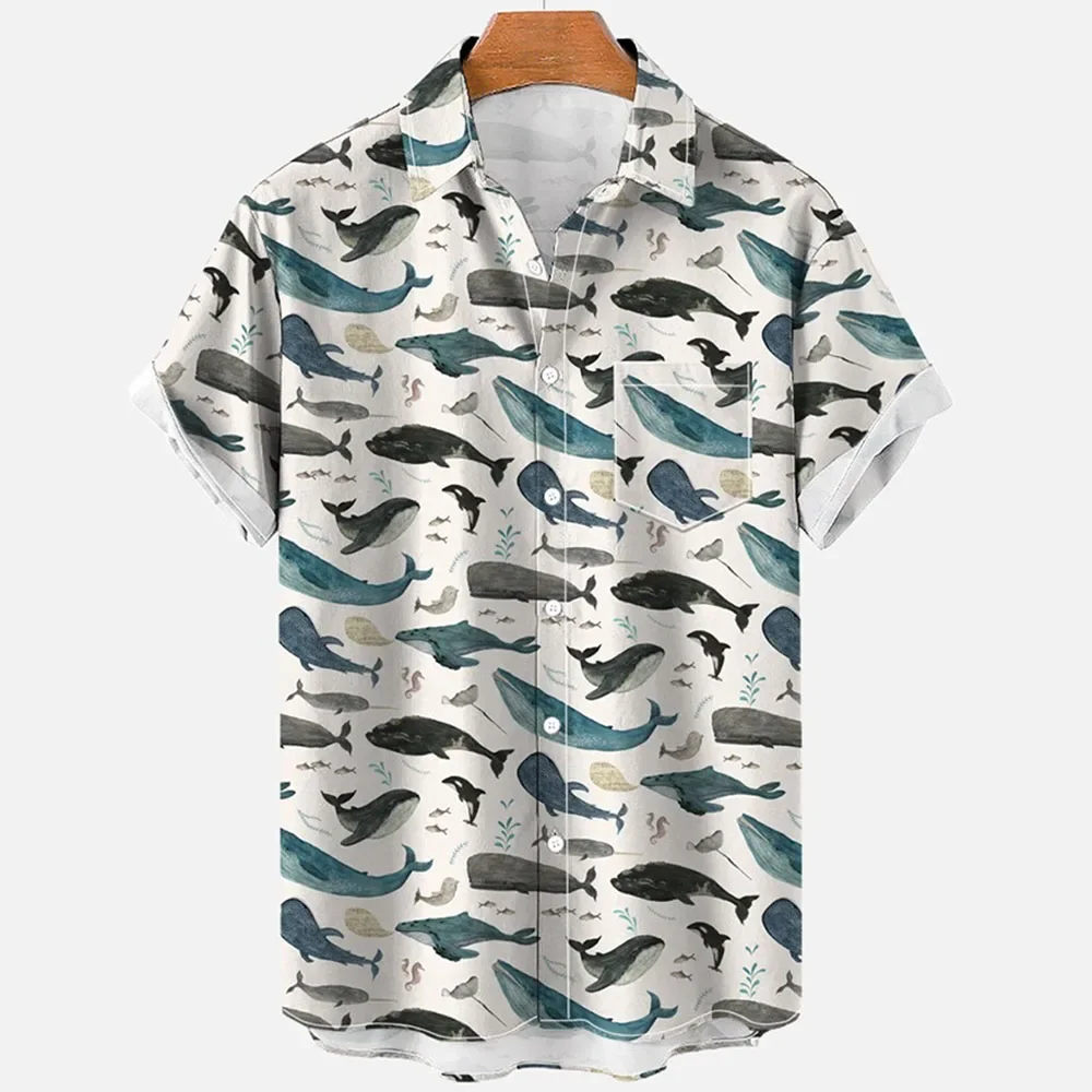 

Hawaiian men's short sleeved shirt, loose collar shirt, fish pattern, seahorse, 3D marine animal, casual, summer, 5XL