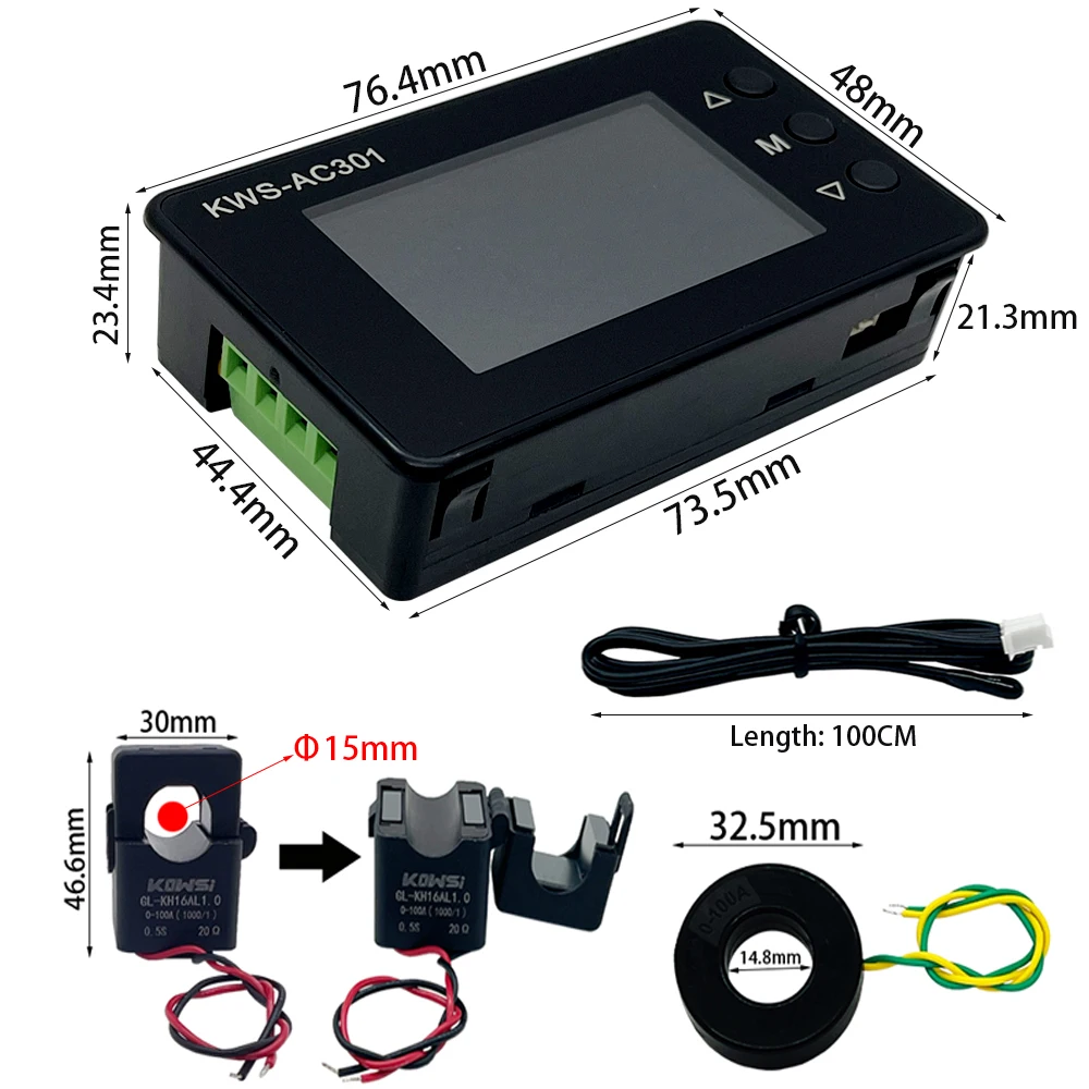 Vatímetro de KWS-AC301, voltímetro de CA 50-300V, analizadores de potencia 50-60HZ, LED, Detector de electricidad de CA 0-20/100A