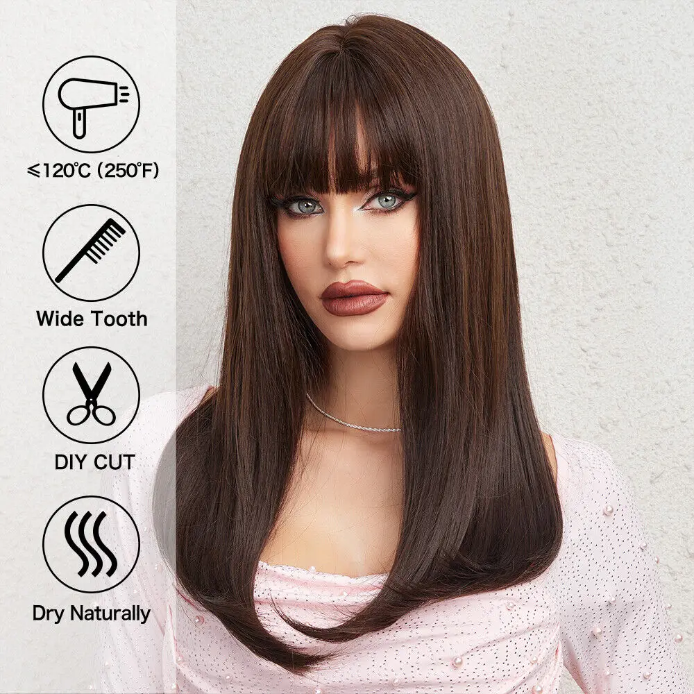 Costume Wigs With Fringe Soft Dark brown Synthetic Hair Long Straight