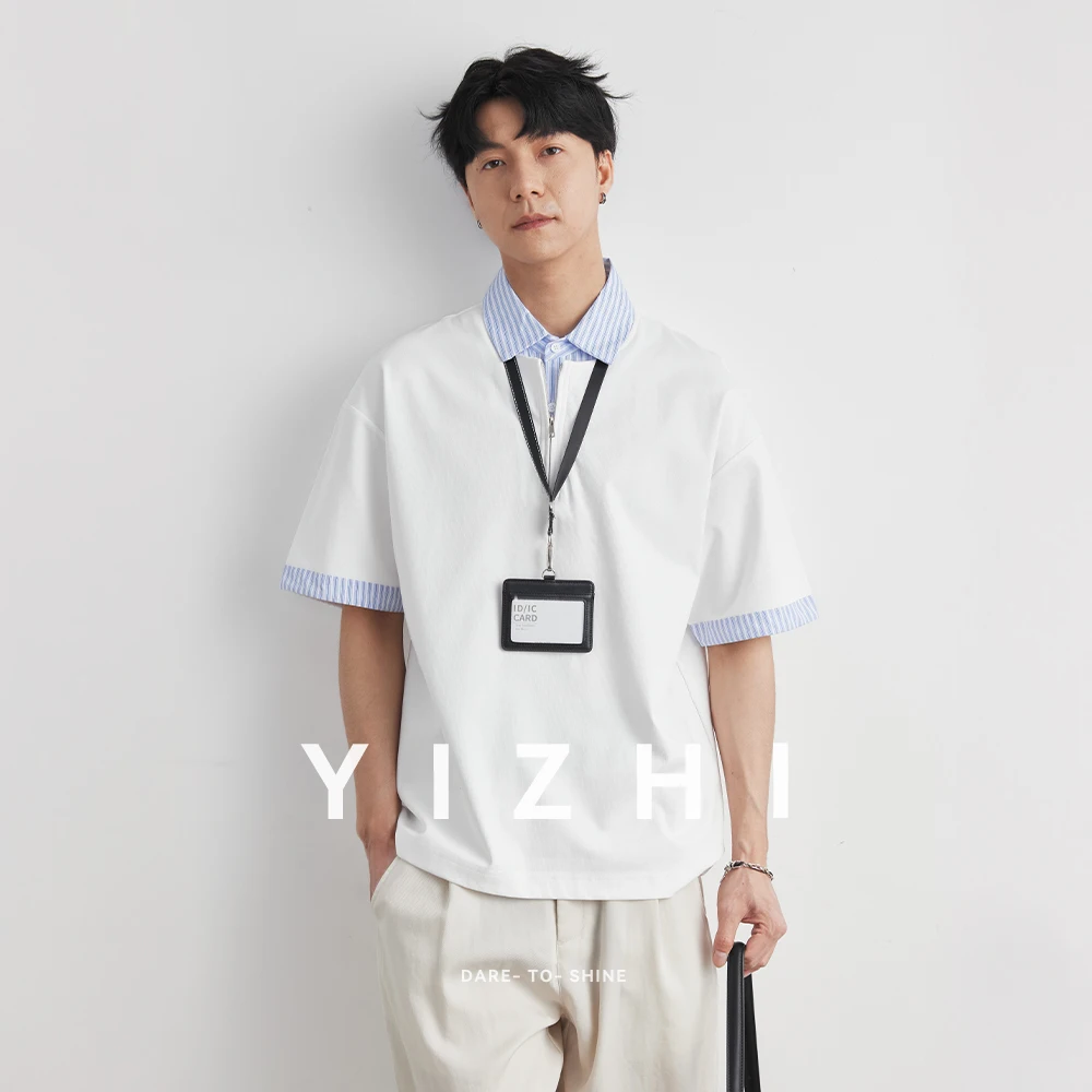 

Trendy Half-zip Striped Splicing Polo Shirt Men 2026 Summer Lapel Loose Shoulder Casual Short-sleeved T-shirt