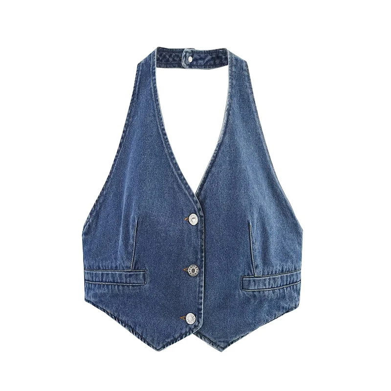 YENKYE New Women Sexy Backless Blue Denim Halter Top Front Button Tie Back Holiday Summer Crop Top Streetwear Ropa De Mujer