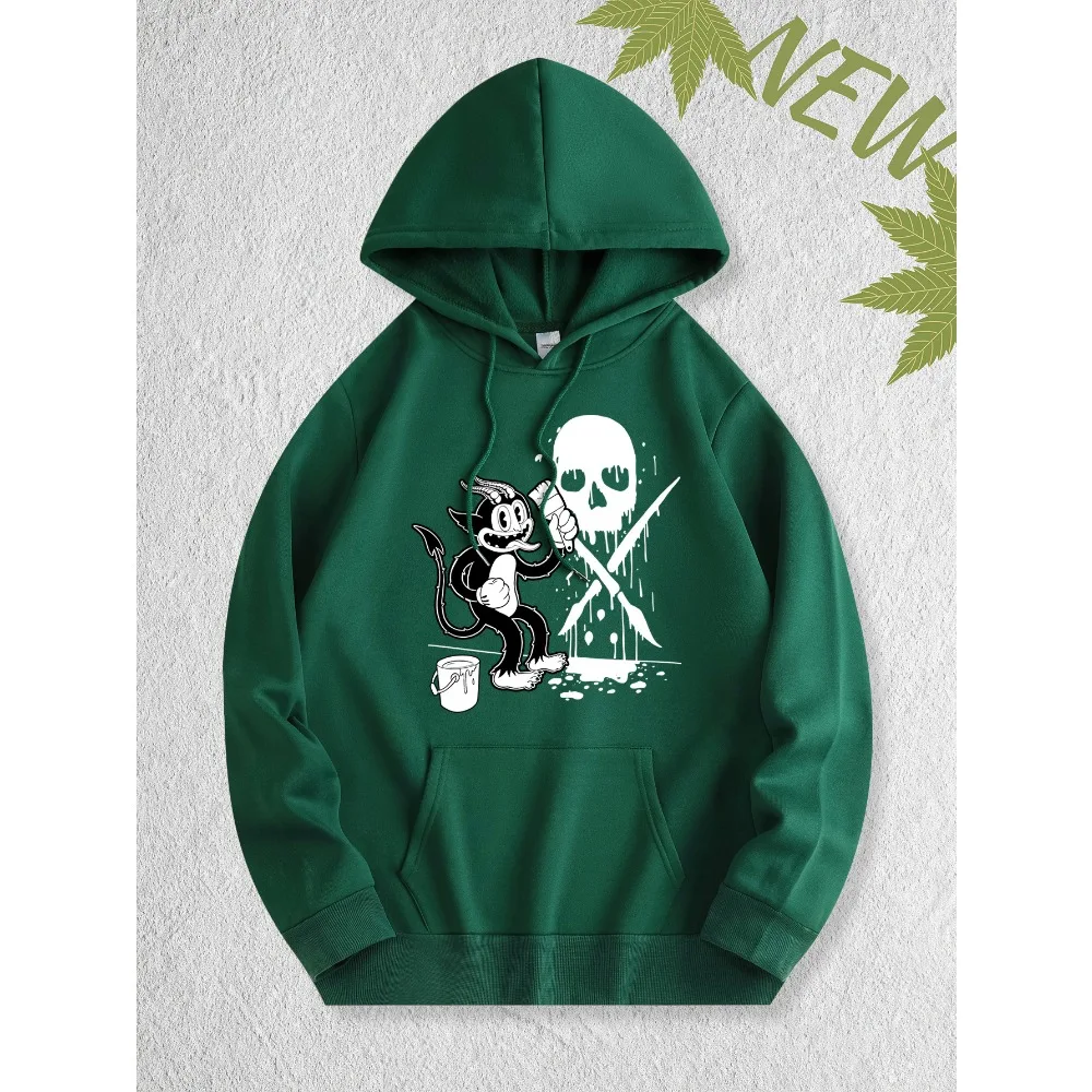 Men Women Street Hoodie Vintage Cartoon Little Devil Paint Skull Drip Art Front Print Loose Fleece Pullover Sweatshirt