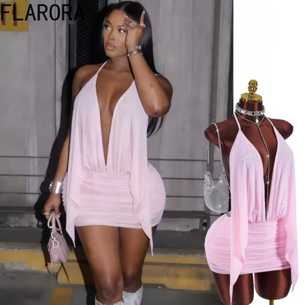 

FLARORA Sexy Halter Backless Mini Dress Woman Mesh See Through V-Neck Ruched Lace Up Peach Hip Dresses Elegant Party Clubwear