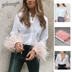 2024 Fashion Vintage Chic Furry Feather Long Sleeve Blouses Women White Spring Sweet Party Shirts Oversized Loose Casual Tops