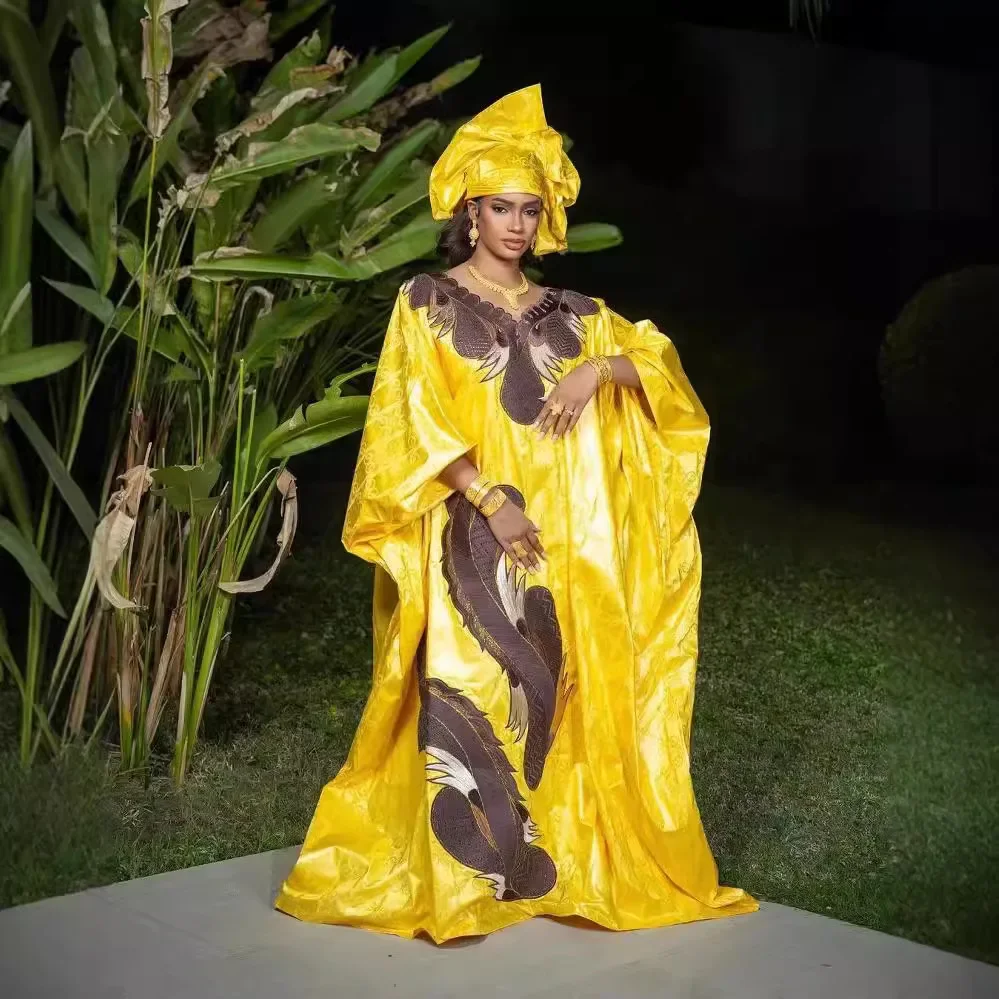 African Dresses for Women Dashiki Traditional Embroidery Bazin Gown Ankara Yellow Robes Nigeria Wedding Evening Party Dress New