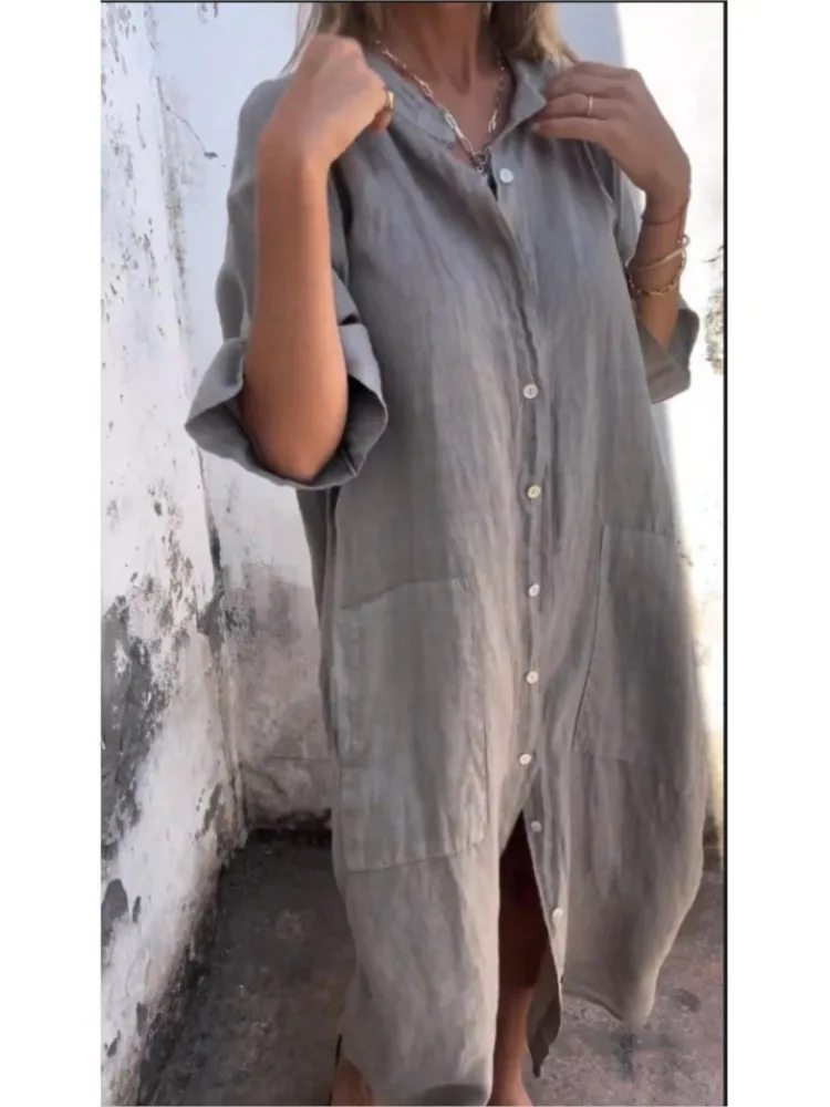 

Women Solid Color Comfortable Fashion Dresses 2025 Single-breasted Cardigan Half Sleeve Dress Female Large Pockets Splicing Gown