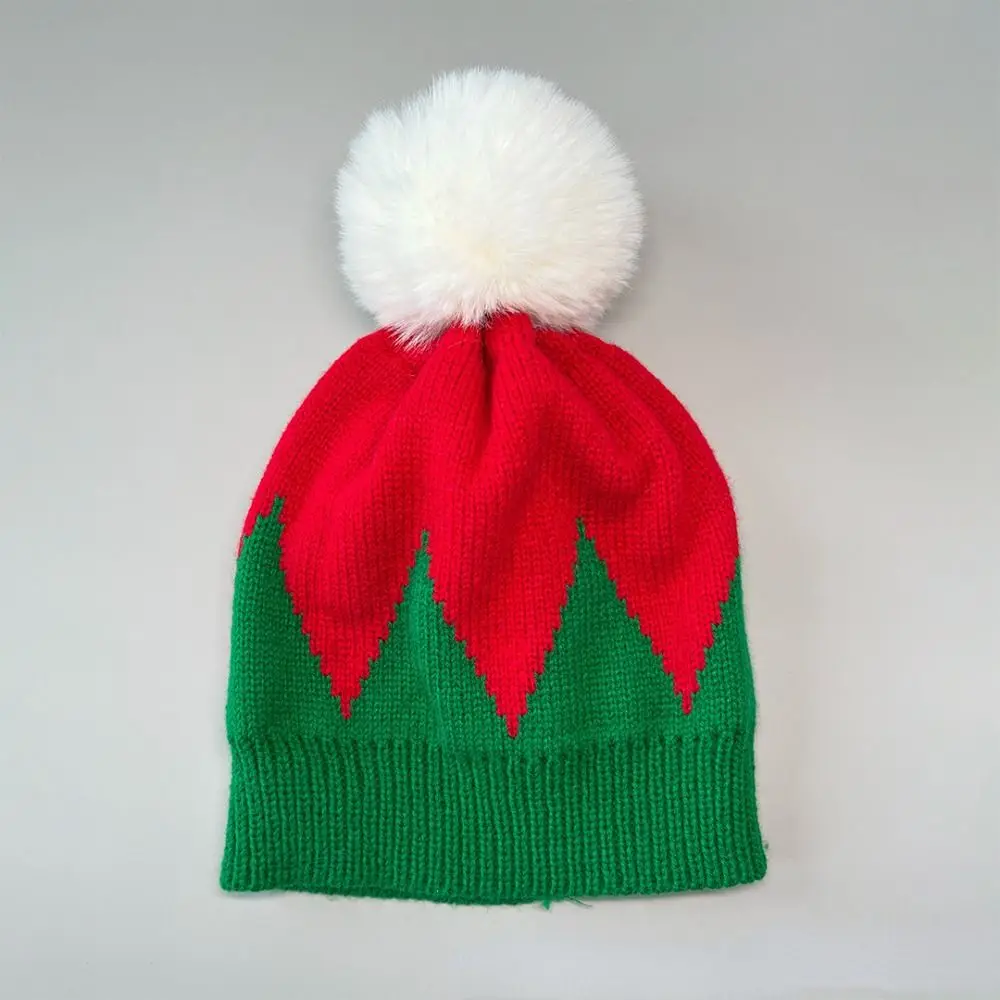 Thickened Knitted Beanie Hat Red Green Color Cuff Design Red White Knit Hat Christmas Decoration With Pompoms