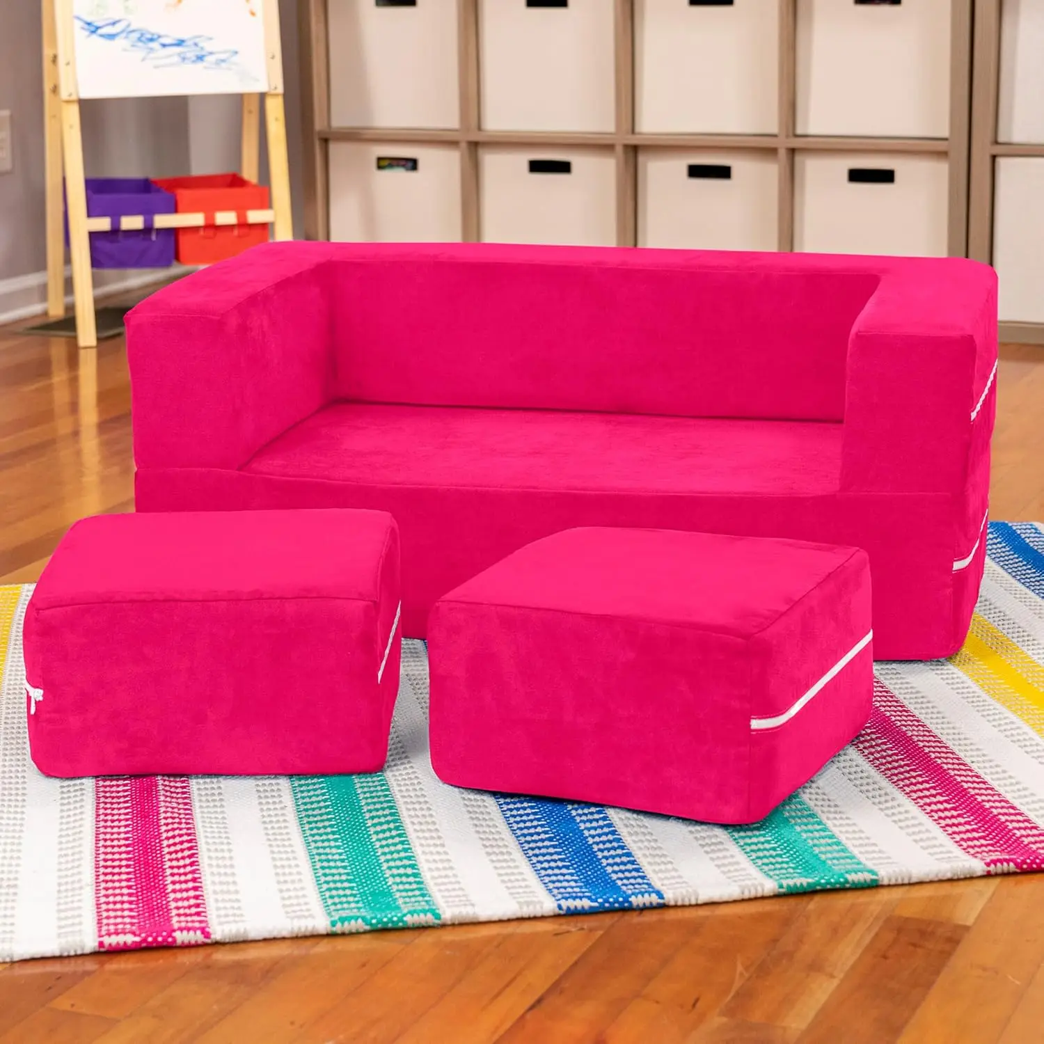 Zipline Kids Modular Loveseat & Ottomans, Fold Out Lounger, Fuchsia