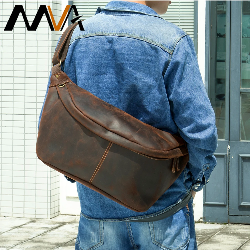 

MVA Vintage Leather Waist Bag Sling Crossbody Large Chest Bag For Men Women For Sports Running ParMties Leisure or Outdoors 9084