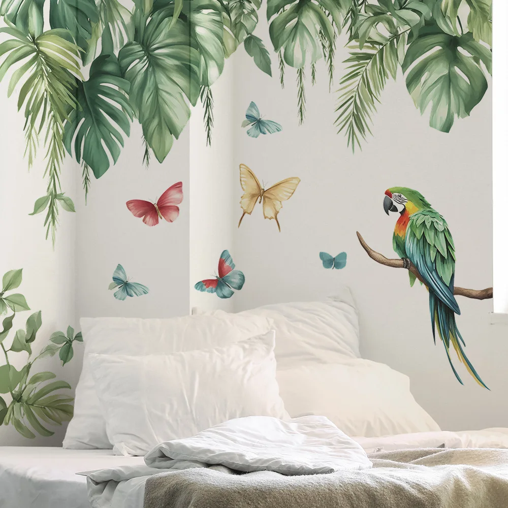 Palm Leaf Green Plant Parrot Butterfly Wall Sticker Tropical Plant Leaves Decals for Living Room Bedroom Home Wall Decoration