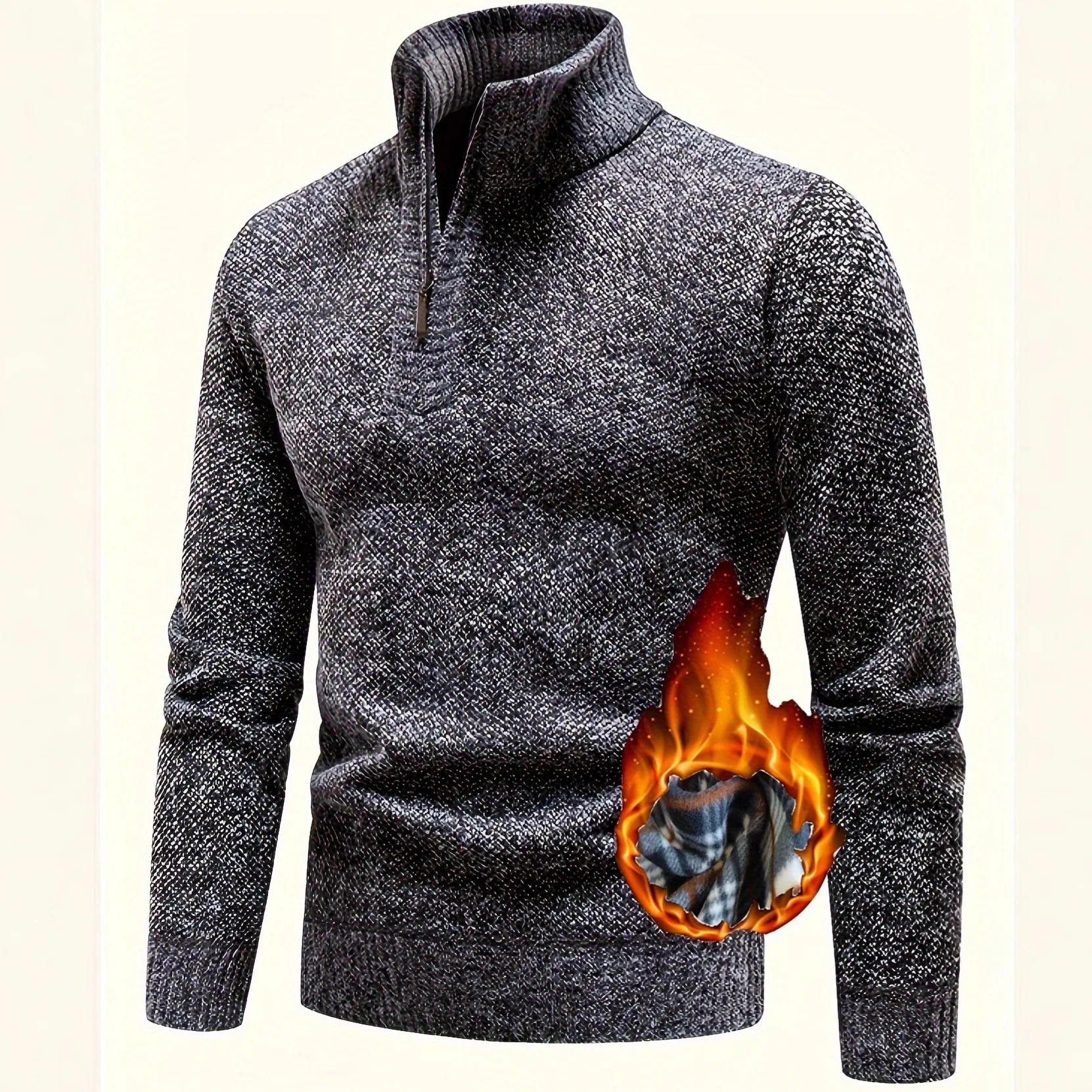 Men's Fall Winter Fleece Lined Thick Knitted Sweater Stand Collar Half Zip Pullover Warm Casual Long Sleeve Male Daily Wear Top