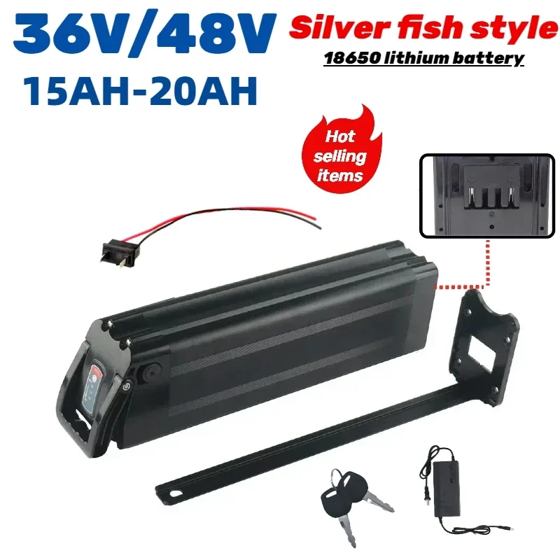 

Hot selling 48V/36V Silver fish battery 15Ah-20Ah T-plug Bottom discharge 18650 lithium Battery for 500W 1000W 1500W E-vehicle