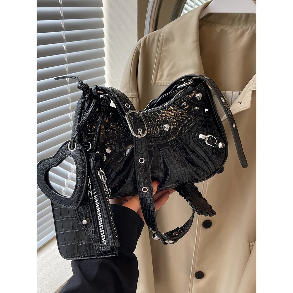 

Модный комплект из трех предметов: женская мотоциклетная сумка через плечо из искусственной кожи с крокодиловым узором, сумка-багет, сумка на одно плечо