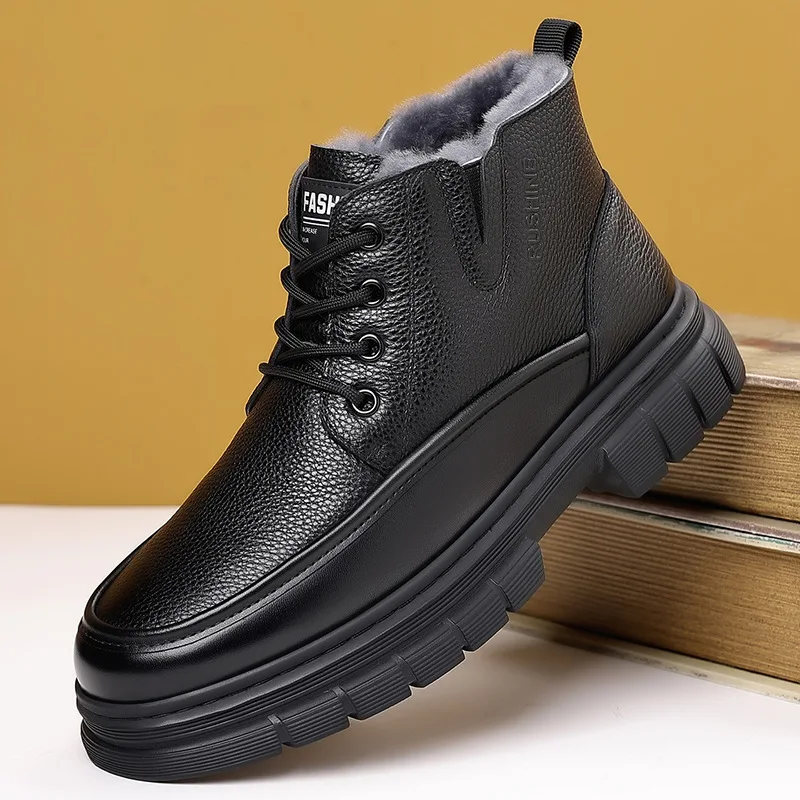 

Men's high-top cotton shoes, genuine leather winter fleece warmth, snow boots, anti-slip, comfortable for outdoor use