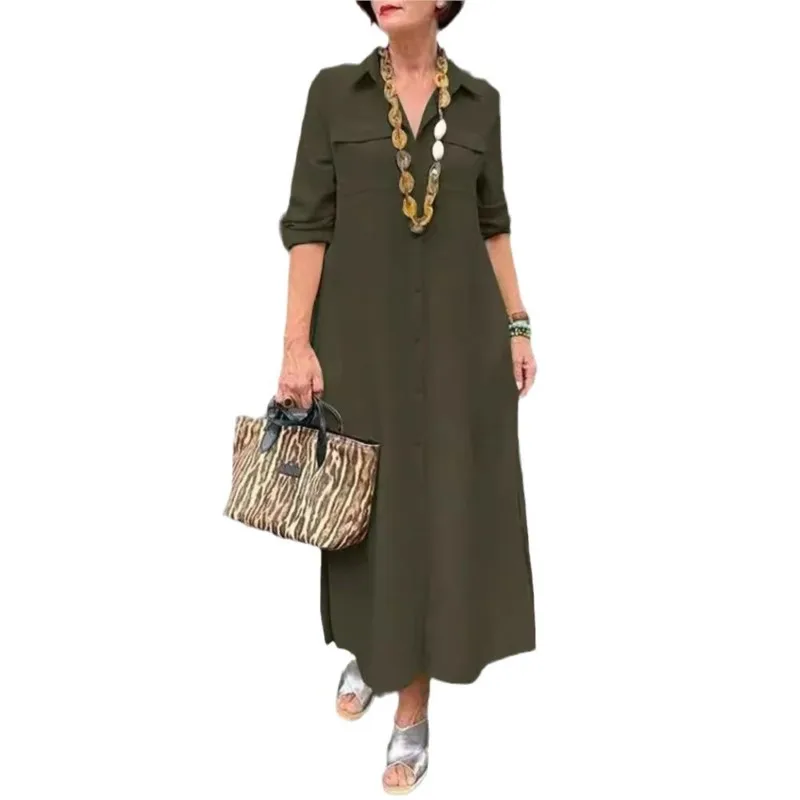 Elegant Women's Khaki Lapel Single Breasted Casual Maxi Dress Spring And Autumn Fashion Long Sleeved Button Pocket Shirt Dresses