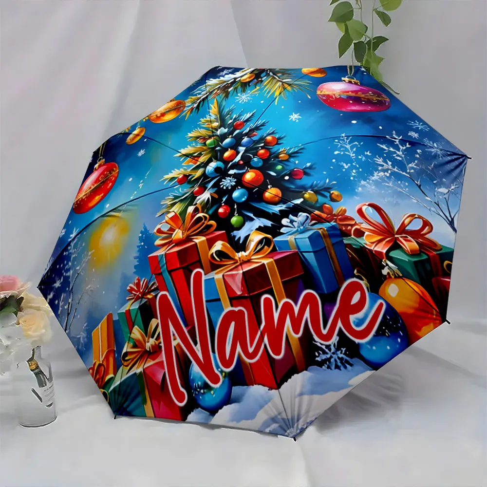 Custom Name Colorful Christmas Umbrella with Festive Decorations Print 8 Iron Ribs Folding Umbrella Auto-Open Fashion Sunshade