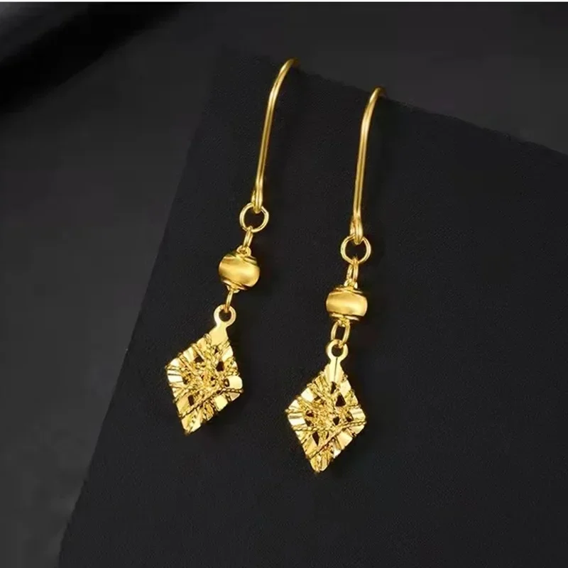 Noble Women's Long Tassel Earrings 9999 24K Real Gold Hollow Diamond Geometric Mesh Earrings Gifts for Women Mom Girl