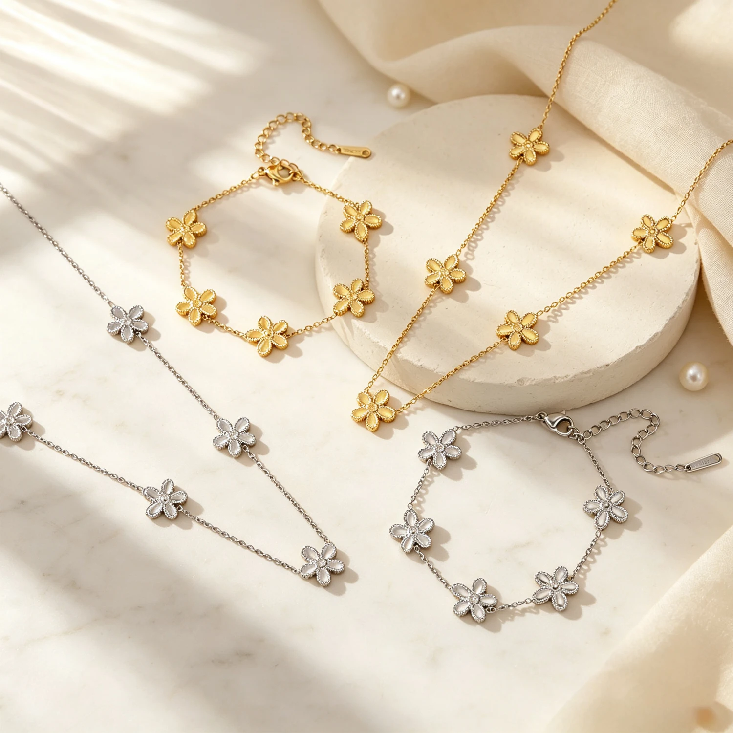 18K Gold Plated Stainless Steel Jewelry Set Women Delicate Flower Necklace Bracelet Waterproof Tarnish Resistant Daily Wear Gift