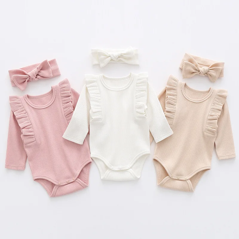 Spring Newborn Infant Baby Girls Romper + Headband Muslin Ruffle Long Sleeve Rompers Kids Onepiece Cotton Baby Clothing Garment 