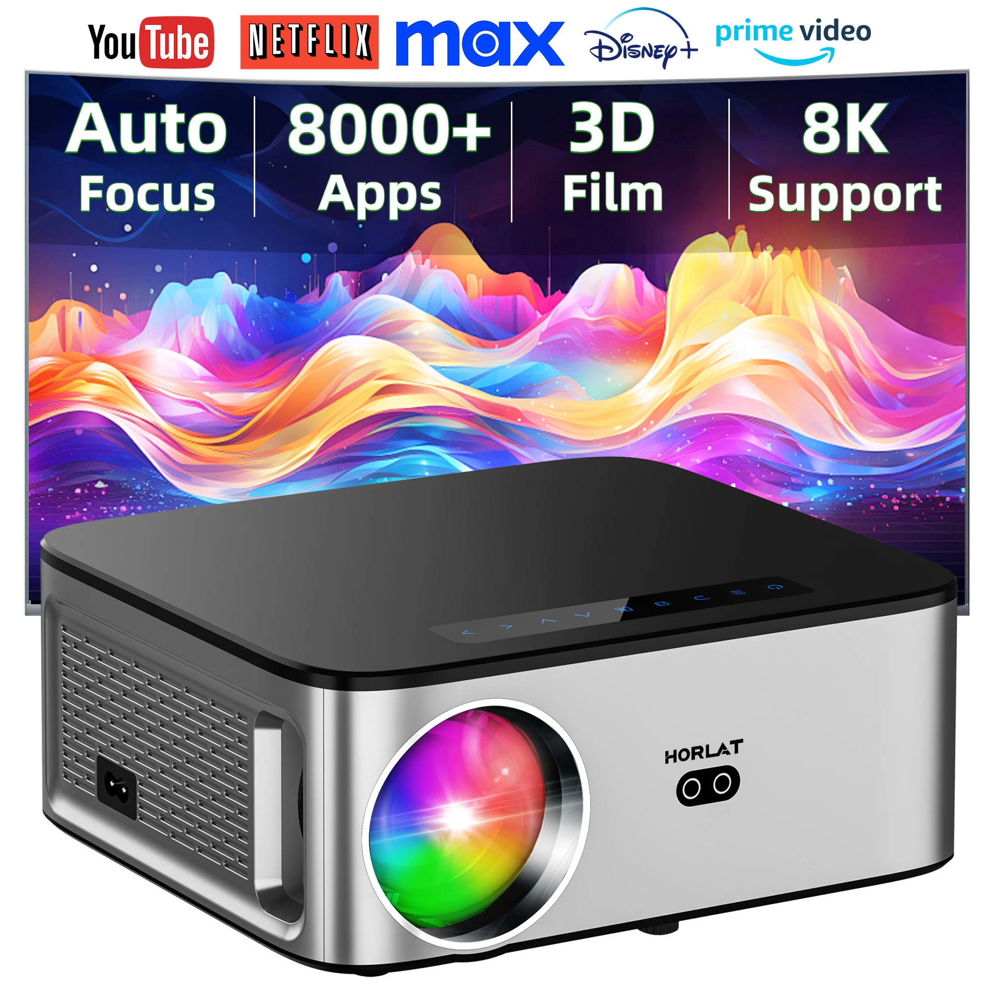 HORLAT New 800ansi Beamer Android 4K Projector 32GB Rom Full HD 1080P 8K Video Audio Home Theater Auto Focus Keystone 5G WiFi