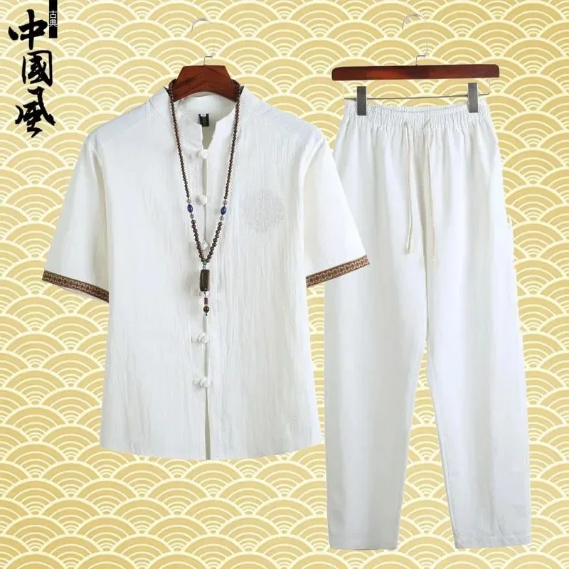 Summer Chinese Style Linen Tang Suit Traditional Clothing Men Shorts Tai Chi Uniform Retro V-neck Short Sleeve Shirt Pants Set