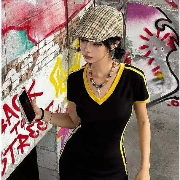

Slimming Sexy Top for Teens Slim Fit American Retro Sweet And Spicy Short Sleeve V Neck Color Block Outdoor Sports T Shirt