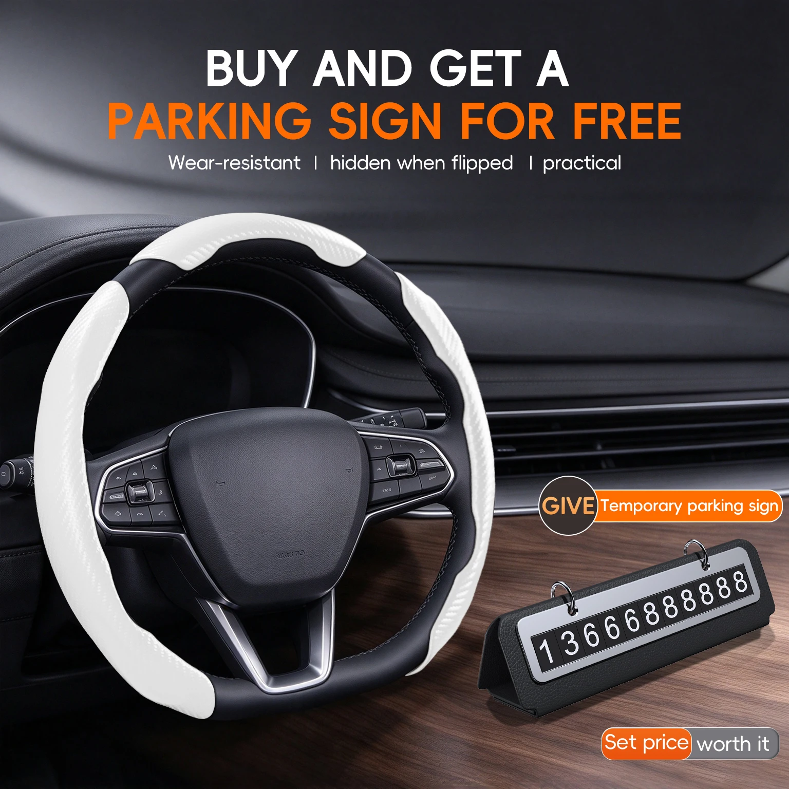 Segmented durable carbon fiber textured car steering wheel protector, with a complimentary temporary parking sign for the car