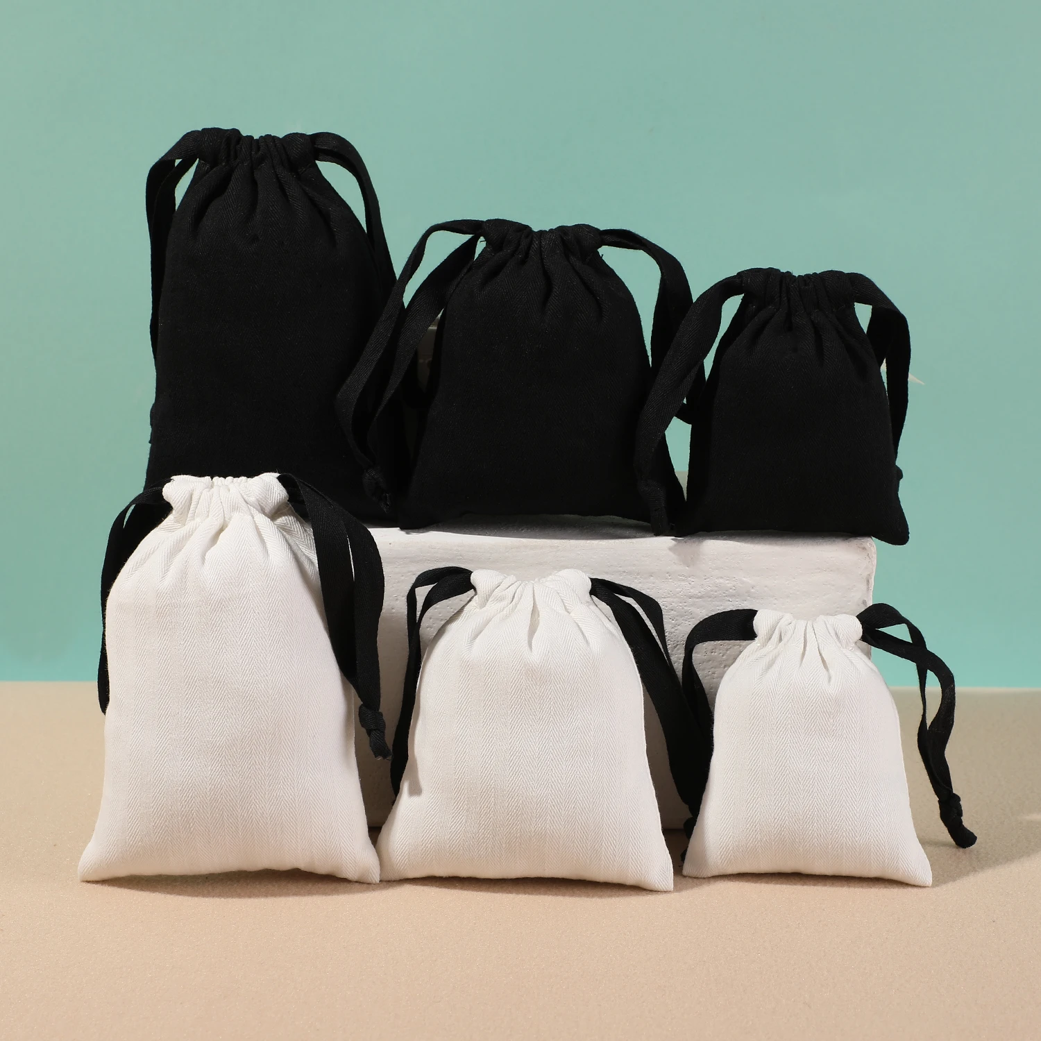 8x10cm 10x12cm 10x15cm 10Pcs/Lot Soft Portable Drawstring Herringbone Pattern Cotton Bags Jewelry Necklaces Bolsa Can Be Printed