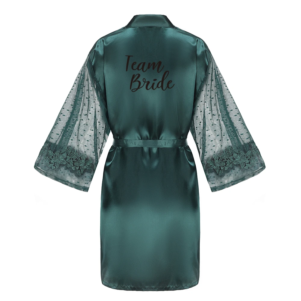 New Green Wedding Bride Bridesmaid Robe With Lace Mesh Sleeve Dressing Gown Sexy Women Bathrobe Night Shirts Mother Kimono