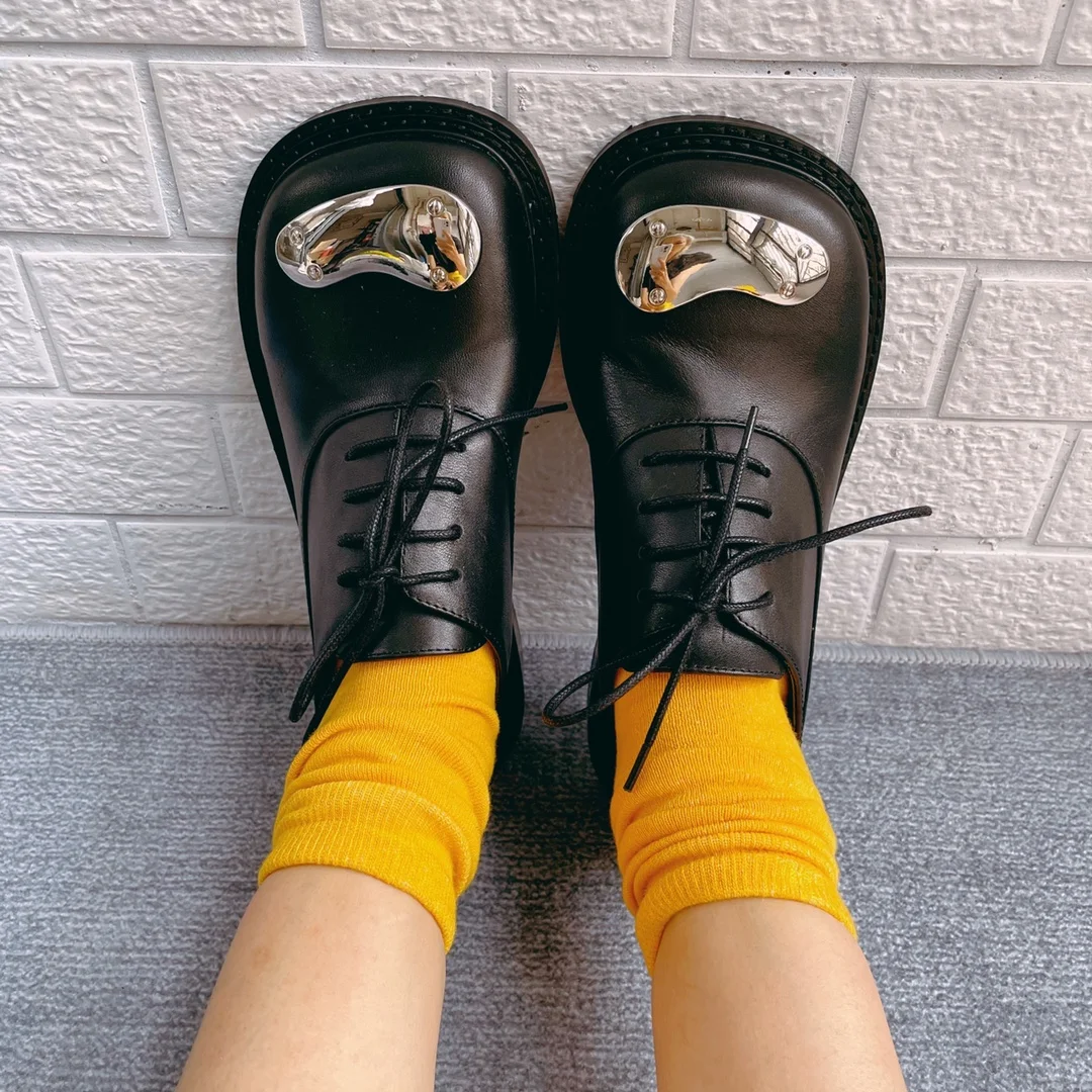 

MILI-MIYA Japanese Vintage Heightened Big Head Shoes Round Toe Female Student Lace up Genuine Leather Spring and Autumn Shoes