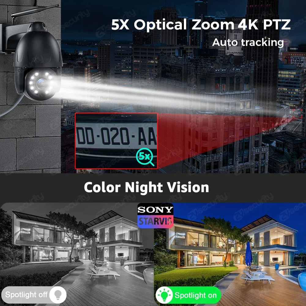 4K 8MP SONY 5X Optical Zoom WiFi PTZ Camera Outdoor 5MP Auto Tracking Security Dome IP Cameras Color Night Vision Metal CCTV Cam