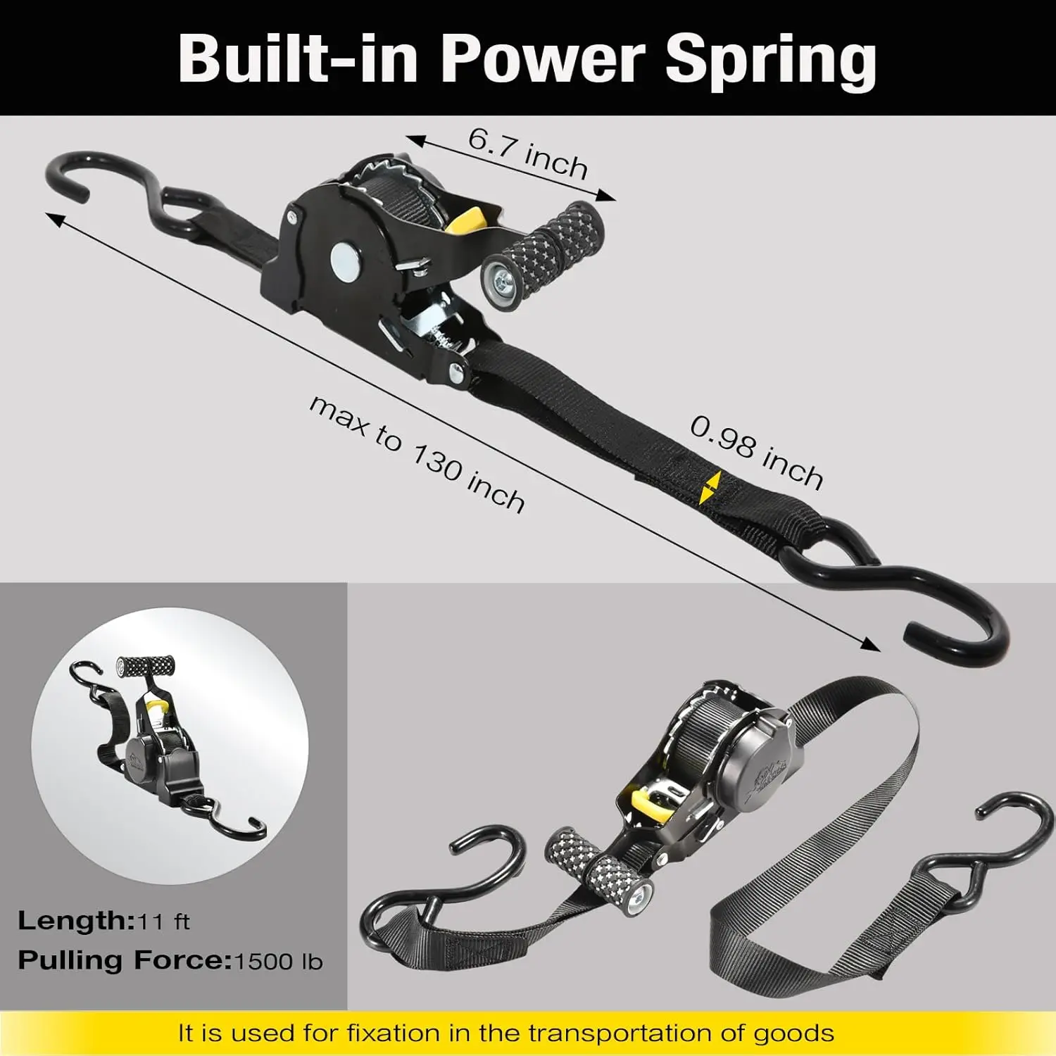 Heavy Duty Self Retracting Ratchet Tie Downs 11 Feet 1500 LBS Load Capacity With Anti-Slip Handle S Hooks For Motorcycle ATV