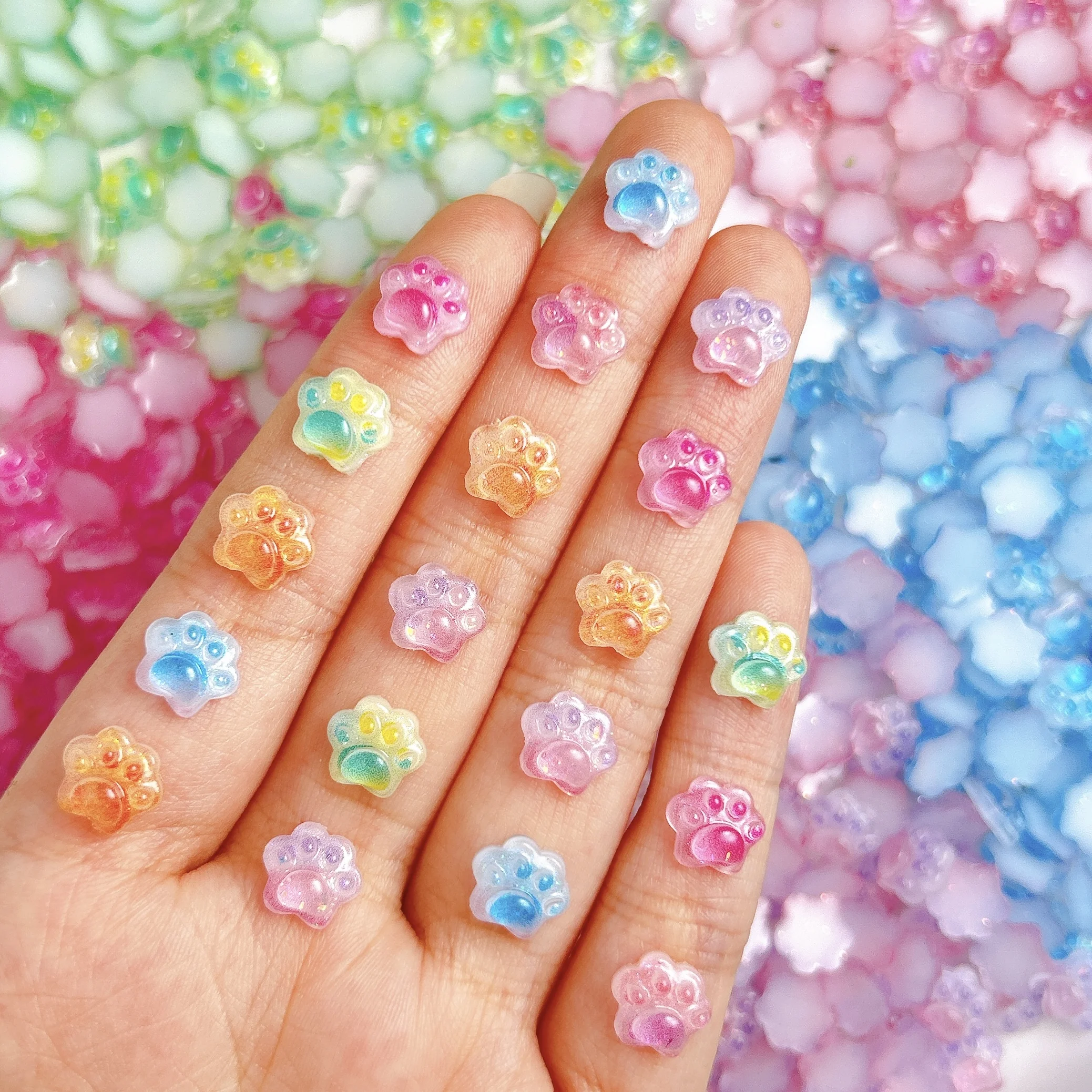 100PCS Gradient Colored Puppy Paw Resin Nail Art Decorations Kawaii Luminous Cat Claws Animal Paws Nail Charms for Manicure DIY