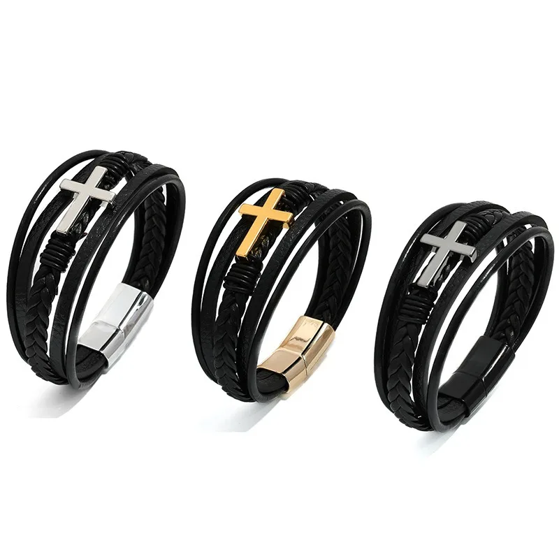 

European and American cross leather bracelet for men, multi-layer hand woven rope, magnetic buckle, genuine leather bracelet