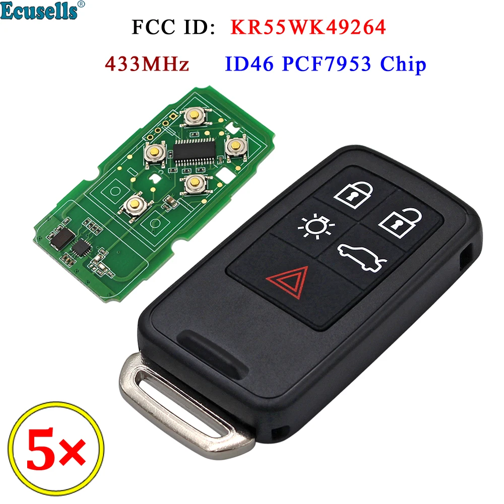 5pcs/lot  5 Button Smart Remote Key Car Key Fob 434Mhz ID46 Chip for Volvo XC60 S60 S60L V40 V60 S80 XC70 KYDZ Uncut Blade