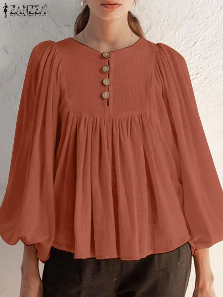 Casual Loose Simple Tops ZANZEA Oversized Solid Blouse Women Long Puff Sleeve Shirts 2023 Autumn Round Neck Pleated Chic Tunic