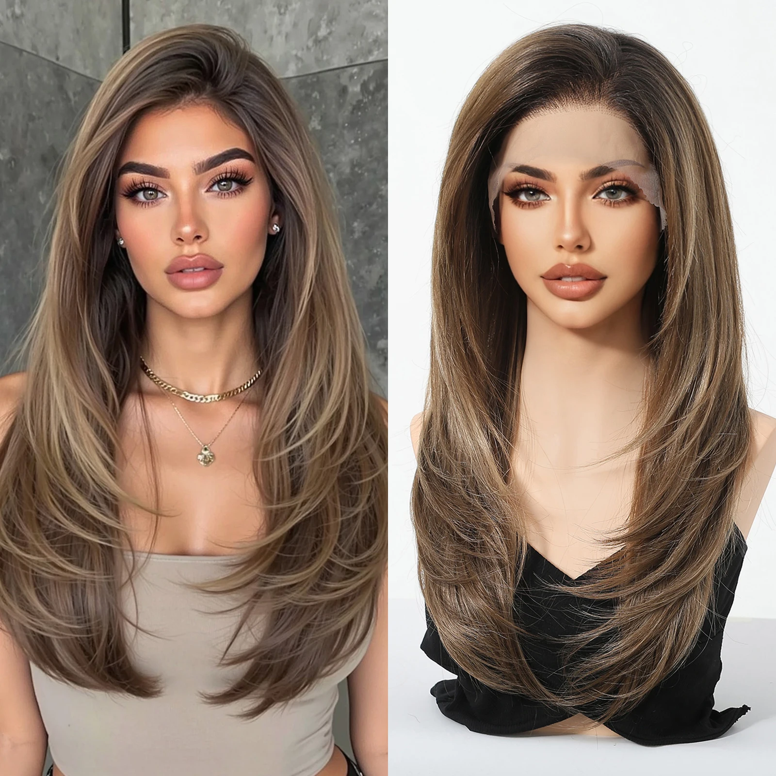 

HAIRCUBE смешанные коричневые прямые парики с темными корнями, естественная линия волос 13*6, прозрачный синтетический парик спереди, для женщин, повседневный косплей