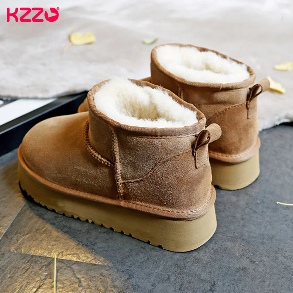 KZZO Women\'s Ultra Mini Platform Snow Boots Sheepskin Suede Leather Sheep Fur Lined Casual Thick Sole Ankle Winter Warm Shoes