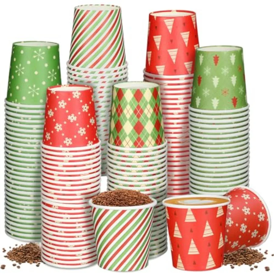 

300 шт. Рождественские бумажные стаканчики, 4 унции, одноразовые праздничные принадлежности, 6 стилей, бумажные стаканчики для кофе, эспрессо, рождественские зеленые, красные напитки Drinkwar