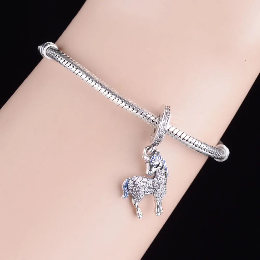 Fit Original Charm Bracelet 925 Sterling Silver Purple Enamel Hair Unicorn Mix Zircon Bead For Making Women Berloque 2021 New