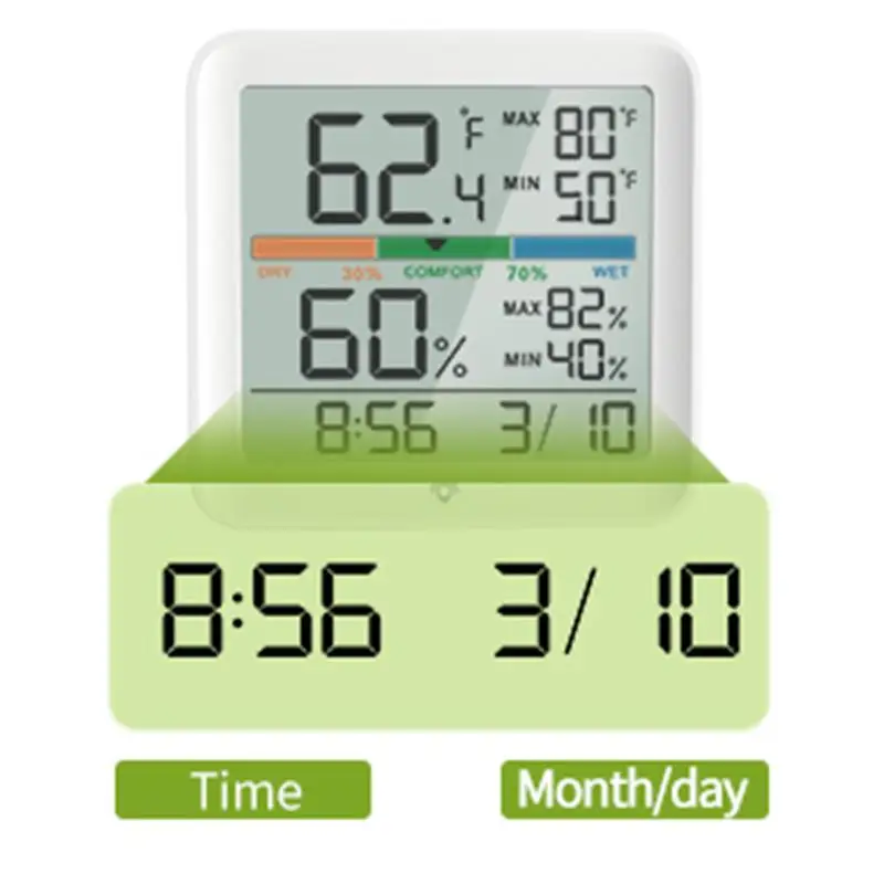 مقياس حرارة رقمي صغير بشاشة LCD مع مقياس درجة حرارة الرطوبة المغناطيسية الإلكترونية بإضاءة خلفية للمنزل والمكتب #5