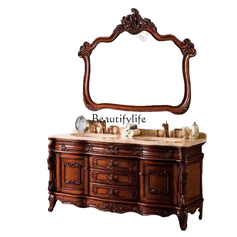 

*FG44Antique European bathroom cabinet Red oak solid wood bathroom cabinet Bathroom double basin Wash table Marble