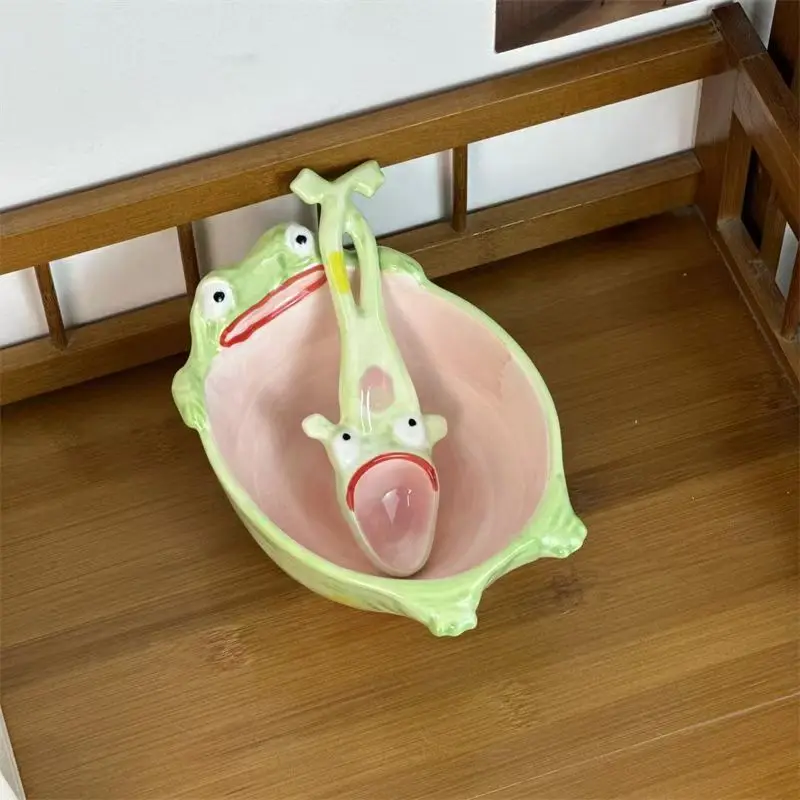 Cartoon Frog Shaped Ceramic Salad Bowls Set with Funny Spoon for Noodles Rice Soup - Creative Tableware for Kids And Adults