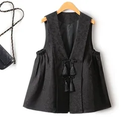 2026 Autumn New Chinese Vest Vintage Women Ethnic Gilet Casual Jacquard Chinese V-neck Waistcoat Black Jacket Sleeveless Top