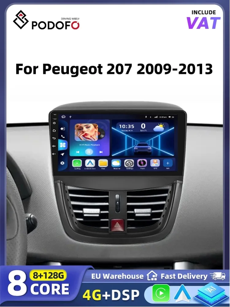 Podofo Wireless CarPlay Android Auto Autoradio für Peugeot 207 2009-2013 GPS-Navigation Auto Smart Systems WiFi BT 2din Autoradio