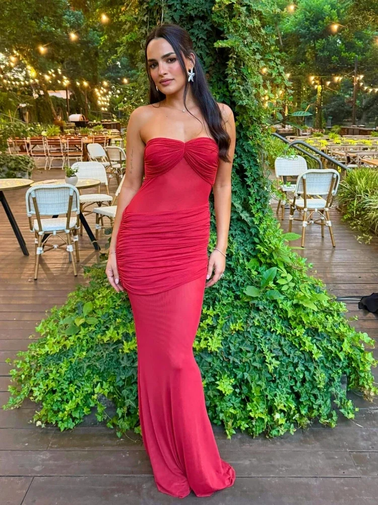 Sexy Strapless Sheer Mesh Folds Design Long Dress Women Red Mesh Sleeveless Backless Ruched Slim Dresses Evening Party Cocktail