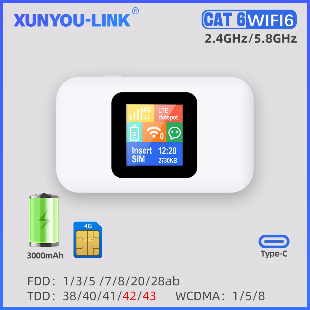 XUNYOU-LINK 4G+ WIFI 6 LTE Cat 6 Mobile WiFi Router Portable Hotspot with 3000mAh Battery High-Speed Internet Pocket WiFi Modem